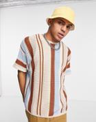 Asos Design Knitted Mesh T-shirt In Mutlicolor Stripes-multi