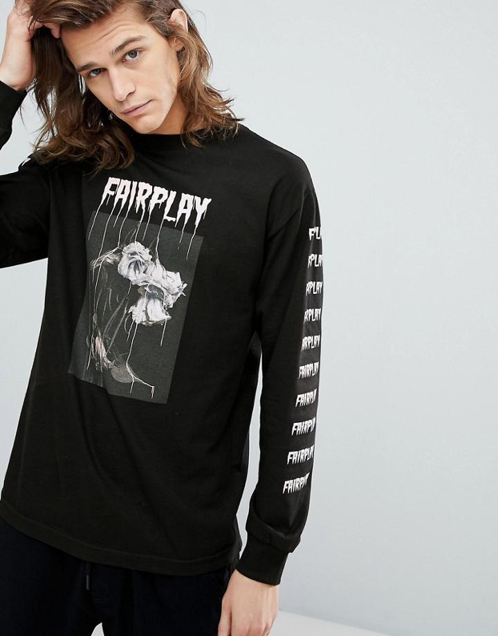 Fairplay Long Sleeve T-shirt With Rose Back Print In Black - Black