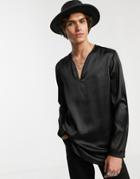Asos Design Regular Fit Black Satin Overhead Shirt - Black