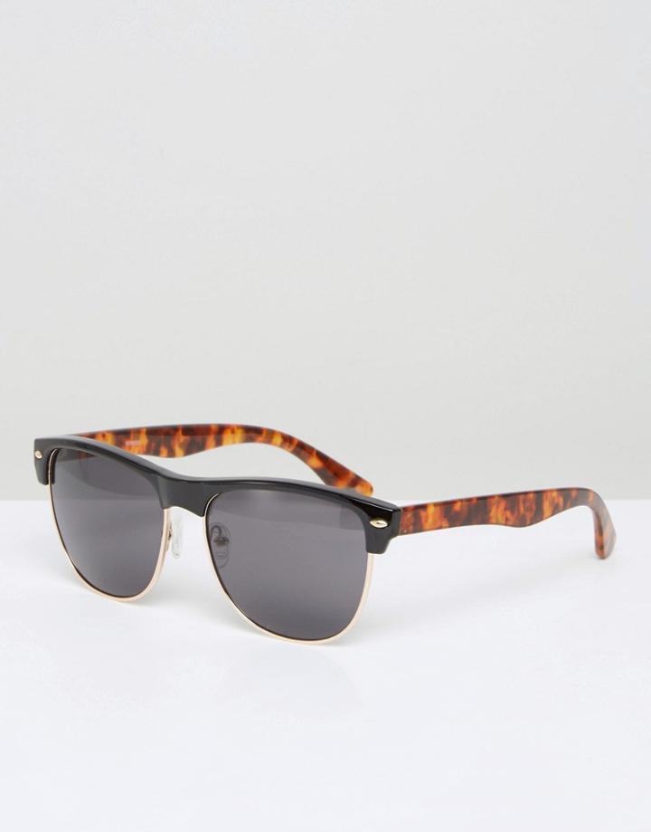 Asos Retro Sunglasses In Black Frame With Tort Arm Detail - Black