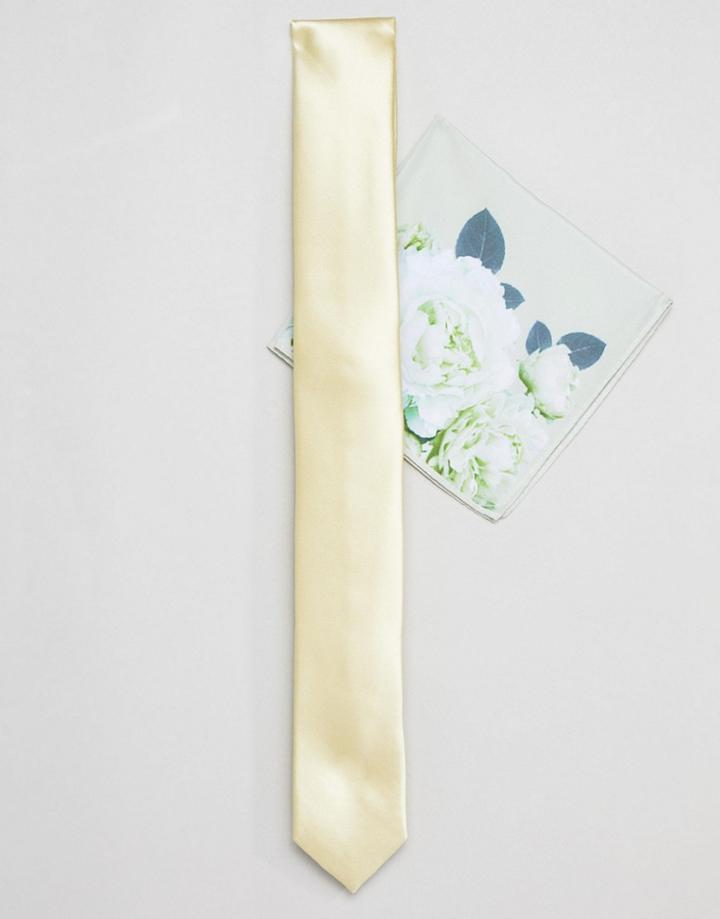 Asos Design Wedding Slim Tie In And Floral Pocket Square In Yellow - Yellow