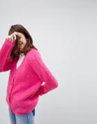 Asos Knitted Cardigan In Brushed Yarn - Pink