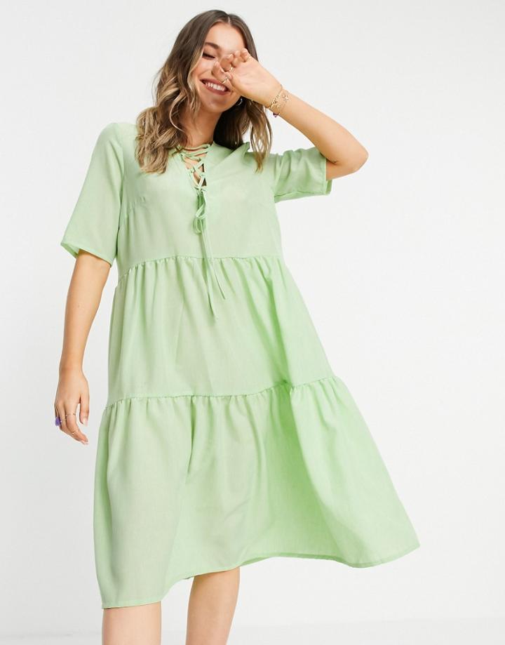 Lola May Lace Up Front Tiered Midi Smock Dress In Wasabi Green