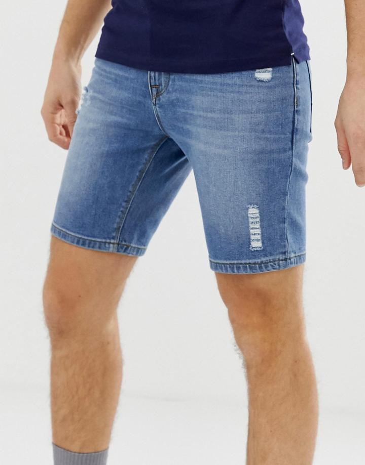 Asos Design Denim Shorts In Skinny Light Wash Blue With Abrasions