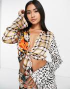 Asos Design Repurposed Mixed Animal Print Patchwork Shirt With Tie Front And Flare Sleeve-multi
