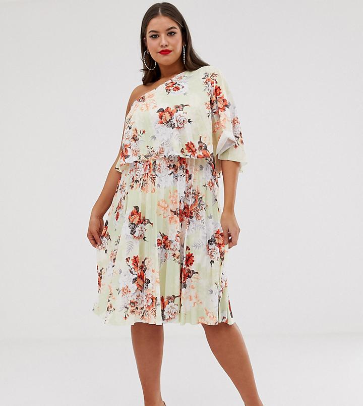 Asos Curve One Shoulder Pleated Crop Top Midi Dress-multi