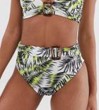 Prettylittlething High Waist Bikini Bottoms With Belt Detail In Lime Palm Print - Multi