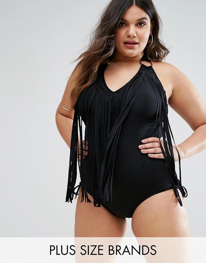 Monif C Fringed Halter Swimsuit - Black