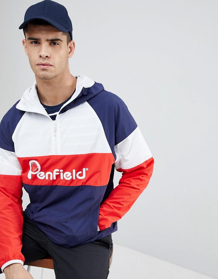 Penfield Block Overhead Hooded Jacket Front Logo In Navy/white/red - Navy