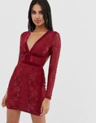 Prettylittlething Lace Insert Open Back Bodycon Dress In Reddress In Burgundy - Red