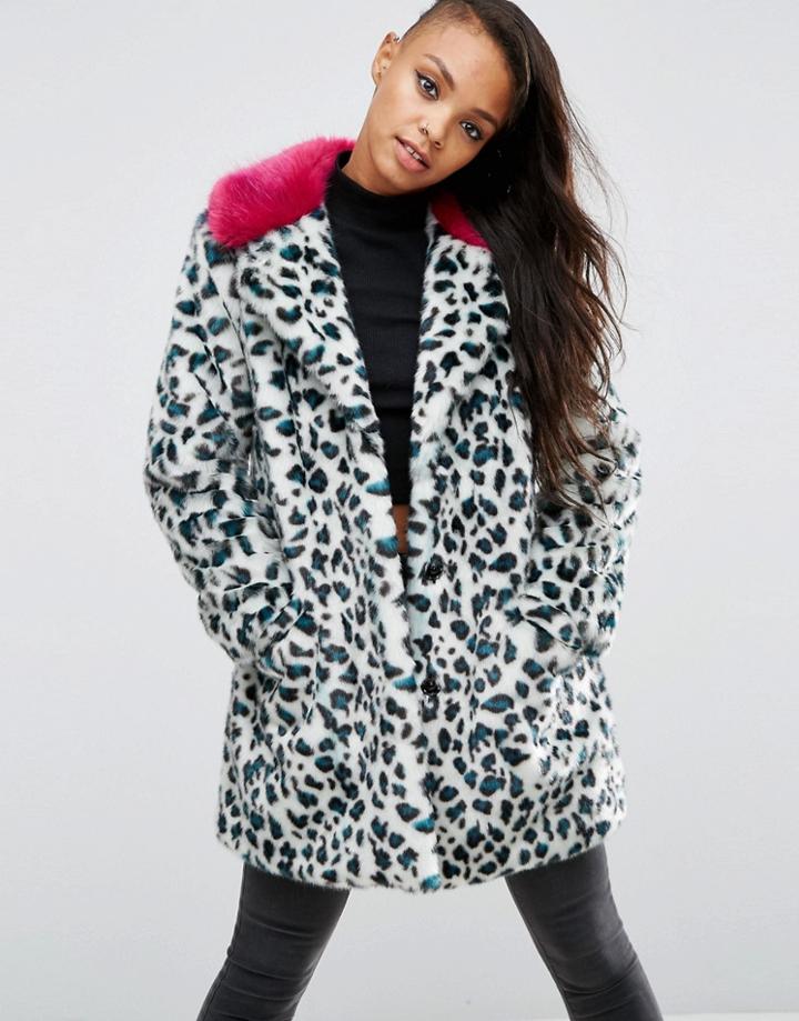 Asos Faux Fur Coat In Leopard Print With Bright Collar - Multi