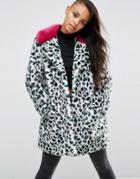 Asos Faux Fur Coat In Leopard Print With Bright Collar - Multi