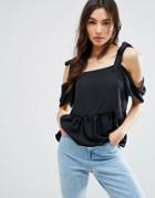 Asos Cold Shoulder Top With Tie Shoulder And Frill Hem - Black