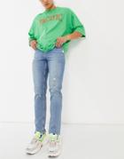 Asos Design Stretch Slim Jeans In Mid Wash Blue With Abrasions-blues