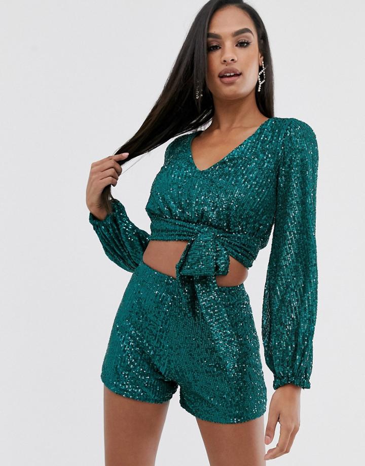 Club L London Sequin Wrap Front Top With Tie Detail Two-piece In Green