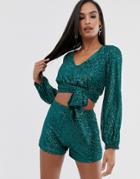 Club L London Sequin Wrap Front Top With Tie Detail Two-piece In Green