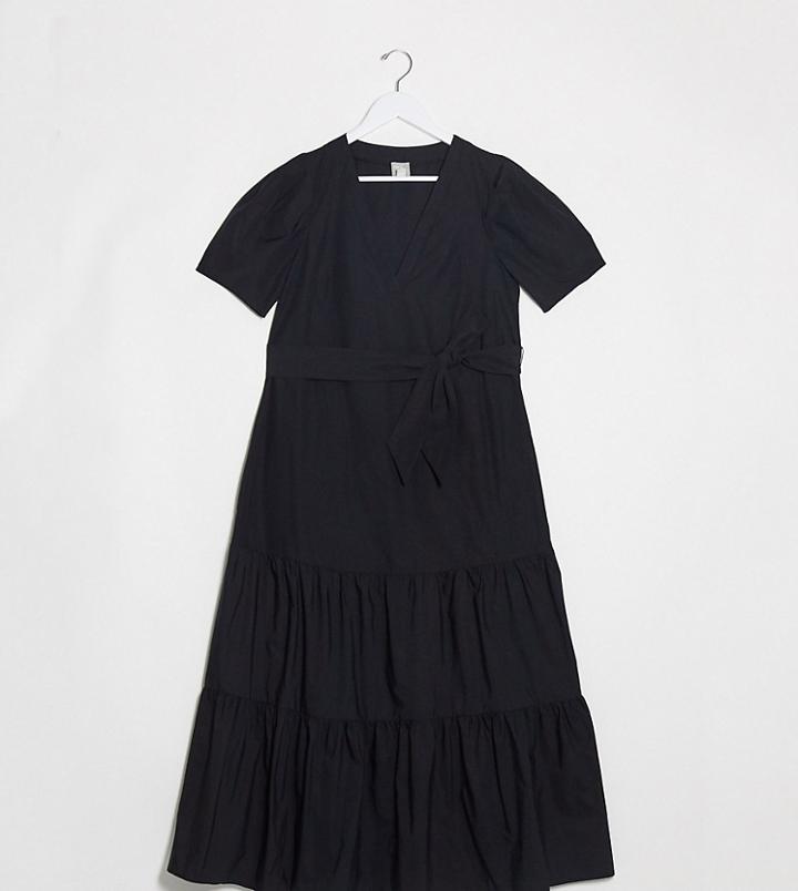 Asos Design Maternity V Neck Tiered Midi Dress With Belt In Black