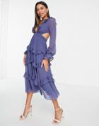 Asos Design Tiered Ruffle Midi Dress With Elastic Waist And Lace Up Back Detail-blues