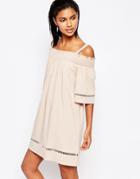 Moon River Off Shoulder Dress With Lace Trim - Blush Pink