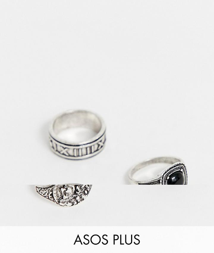 Asos Design Plus Signet Ring Pack With Roman Style Coin And Stone - Silver