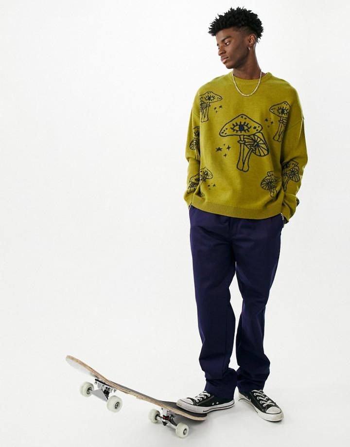 Asos Design Knitted Sweater With Mushroom Design In Khaki-green