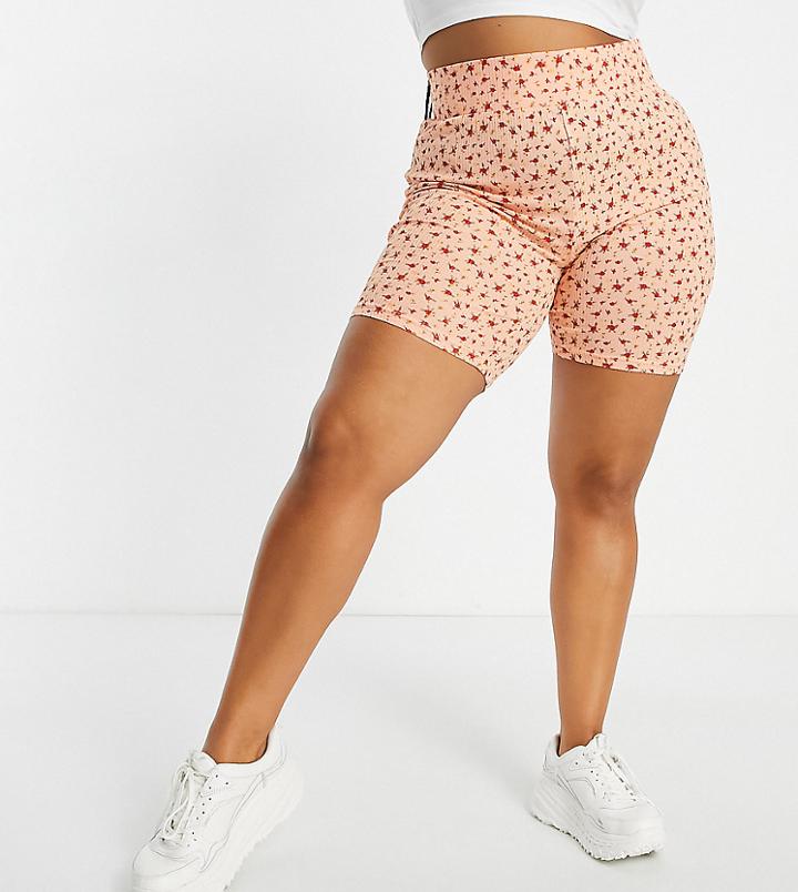 Urban Threads Plus Ribbed Legging Shorts In Floral Tangerine Set-orange