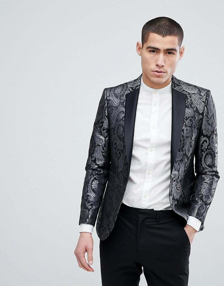 Moss London Skinny Blazer In Metallic Paisley Print - Black