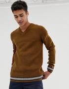 New Look V Neck Sweater With Tipping Detail In Tan - Brown
