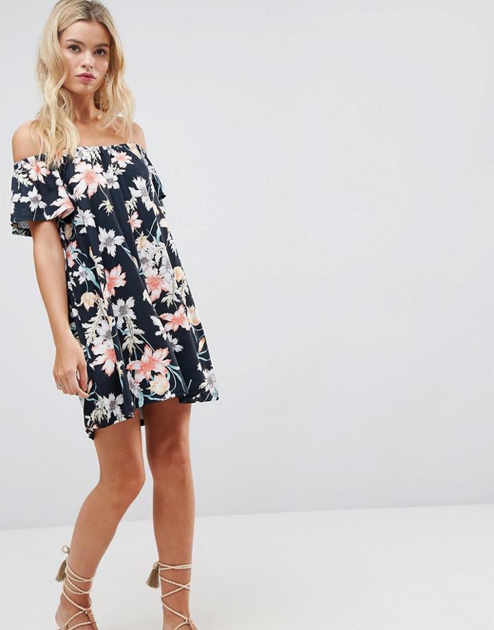 Asos Off Shoulder Dress In Navy Floral Print - Multi