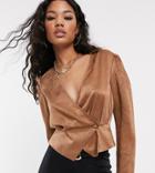 Unique21 Satin Button Front Blouse - Brown