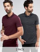 Asos 2 Pack Polo Shirt With Tipped Collar In Pique In Red/gray - Multi