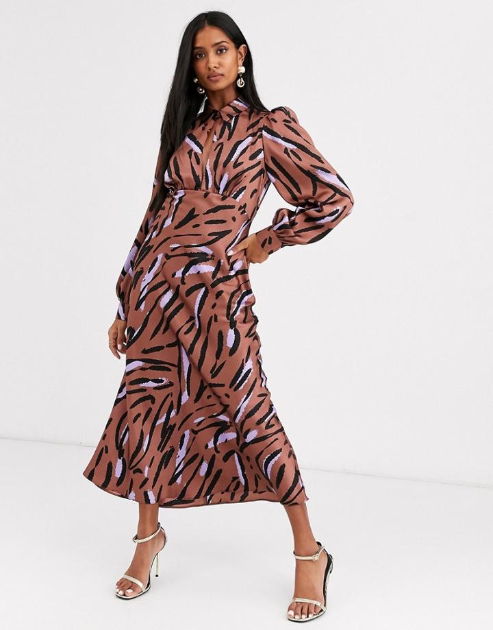 Asos Design Maxi Satin Tea Dress With Collar In Abstract Zebra Print