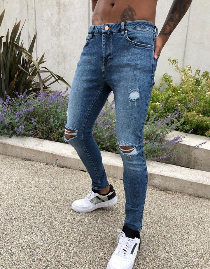 Asos Design Spray On'vintage Look' Jeans With Power Stretch In Dark Wash Blue With Abrasions-blues