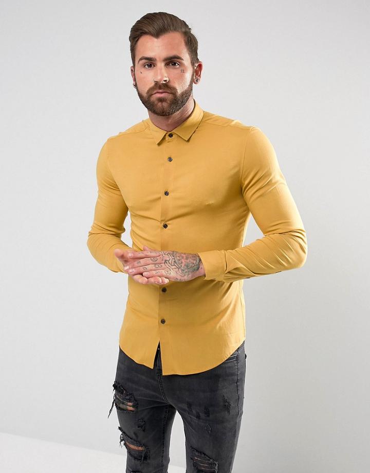 Asos Skinny Viscose Shirt In Mustard - Yellow