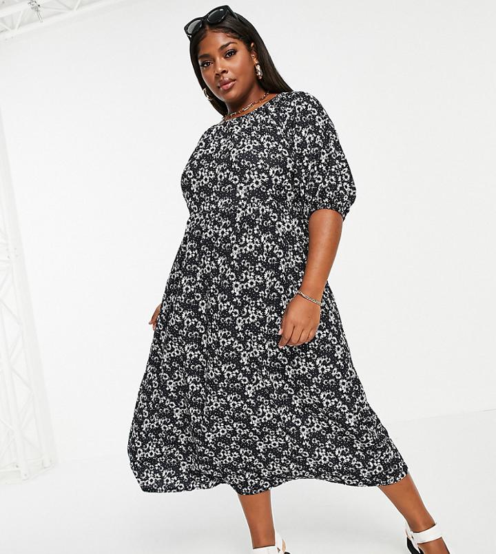 Asos Design Curve Midi Smock Dress With Short Puff Sleeves In Black And White Daisy Print