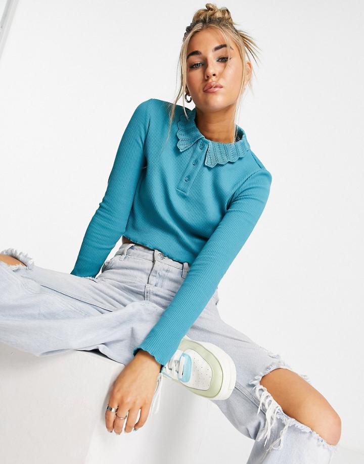 Urban Revivo Long Sleeve Polo Neck Top In Blue-green