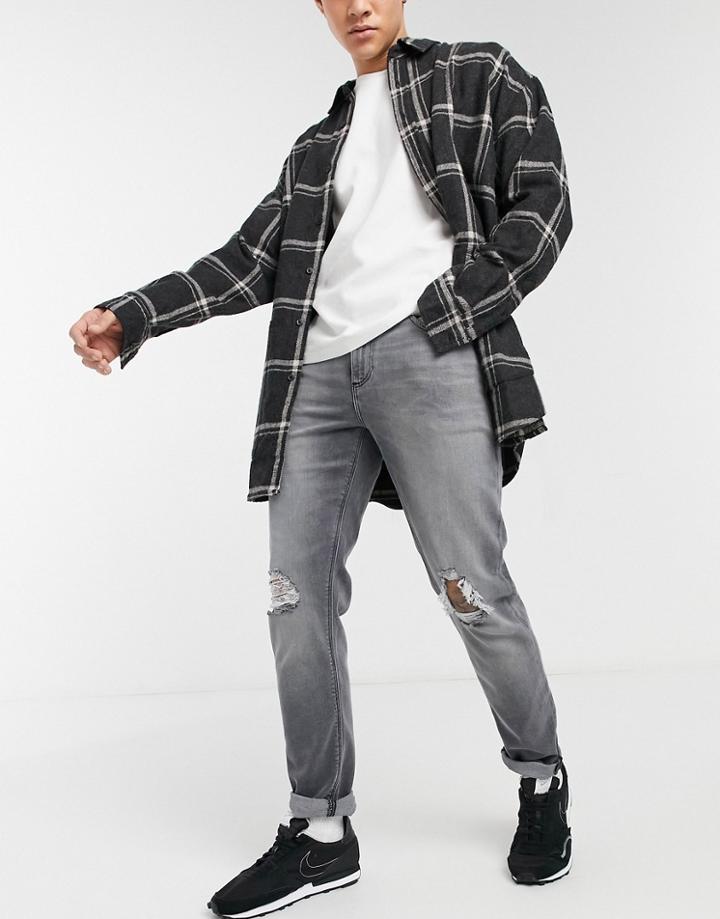 Asos Design Stretch Slim Jeans In Gray With Knee Rips - Gray-grey