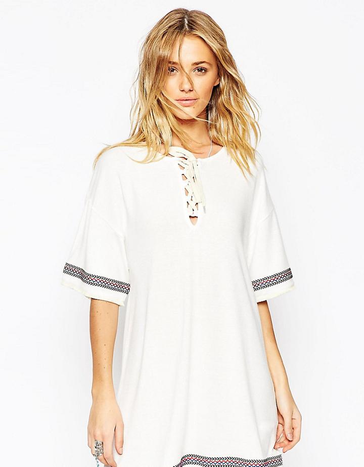 Asos Tall Kimono Dress With Lace Up Detail And Festival Trim - Beige
