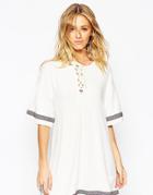 Asos Tall Kimono Dress With Lace Up Detail And Festival Trim - Beige