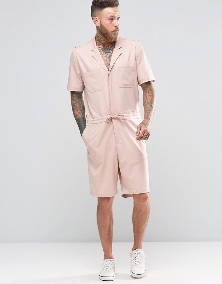 Asos Slim Short Boiler Suit With Military Styling In Light Pink - Pink