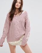 Moon River V Neck Cable Sweater - Pink