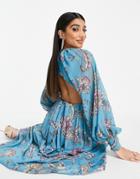 Asos Design Maxi Dress With Blouson Sleeve In Blue Paisley Print-blues