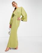 Asos Design Front Twist Maxi Dress With Fluted Sleeve In Olive Green-multi