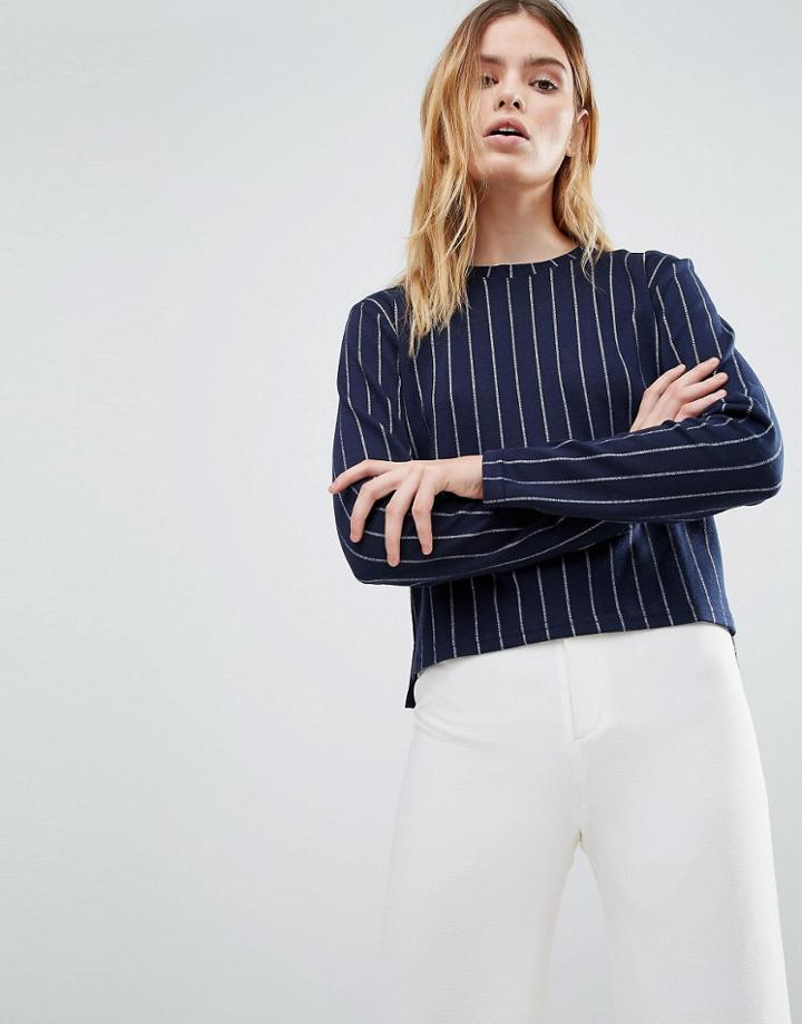 Native Youth Stepped Hem Pinstripe Crew Top - Navy