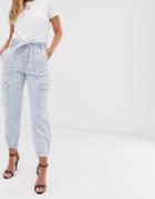 Stradivarius Lightwash Paperbag Cargo Jeans In Blue - Blue