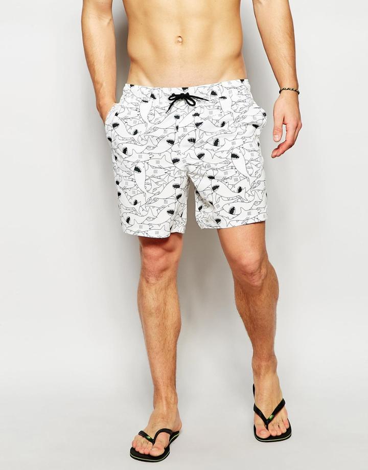 Asos Mid Length Swim Shorts With Shark Print - White