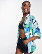 Monki Short Sleeved Printed Shirt In Blue