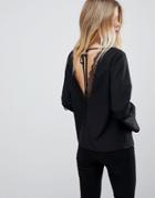 Asos Design Deep Plunge Lace Insert Long Sleeve Top-black