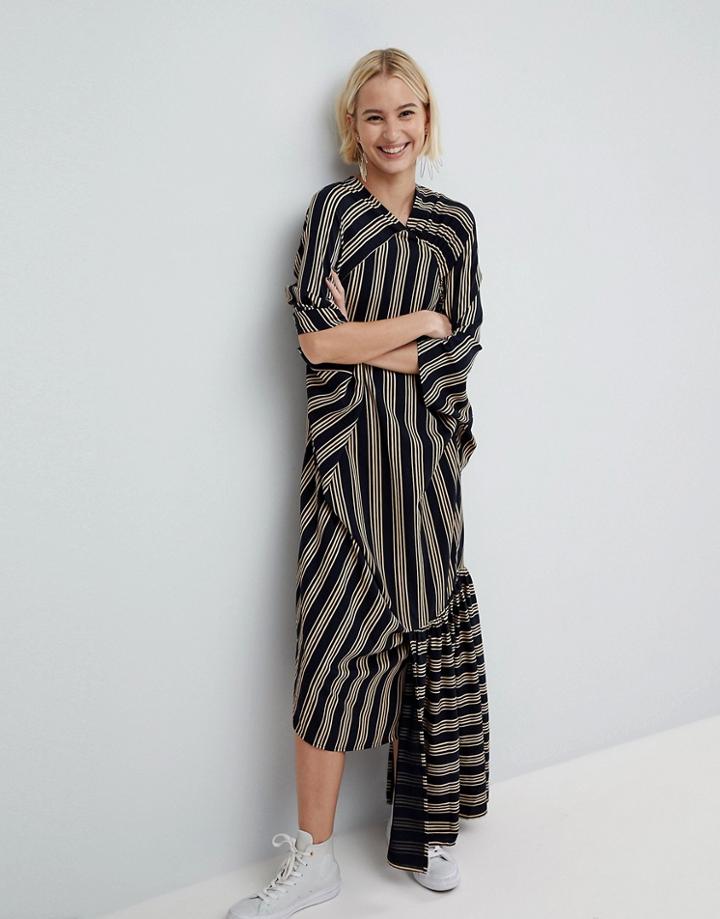 Asos White Cut About Stripe Frill Hem Dress - Navy