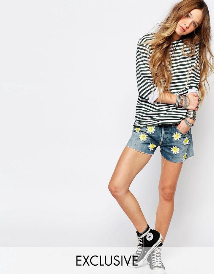 Reclaimed Vintage Levi Shorts With Daisy Patches - Blue